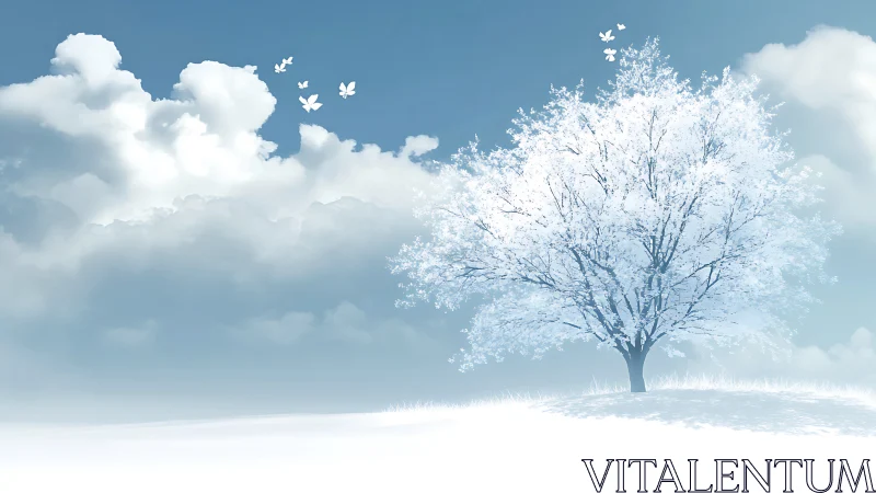 White blossom tree on snowy hill under soft blue sky.