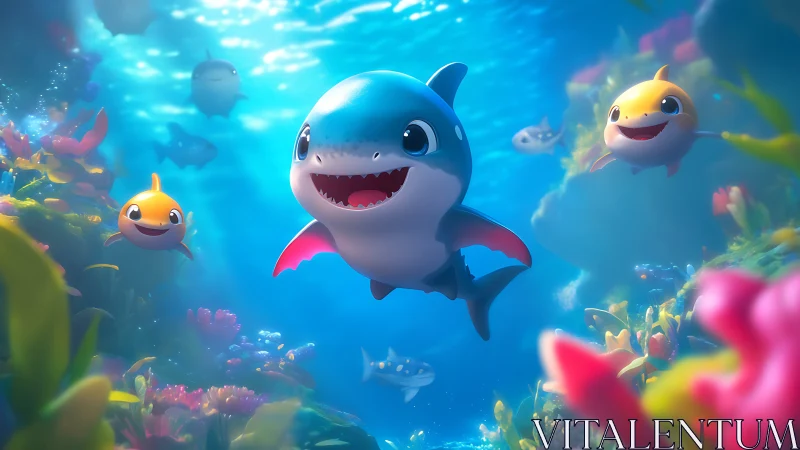 Vibrant stylized baby sharks swim through saturated coral reef