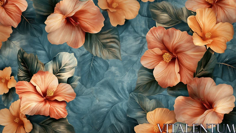 Hibiscus flowers displayed against teal background with foliage.