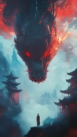 Giant fiery dragon head over misty temples and figure.