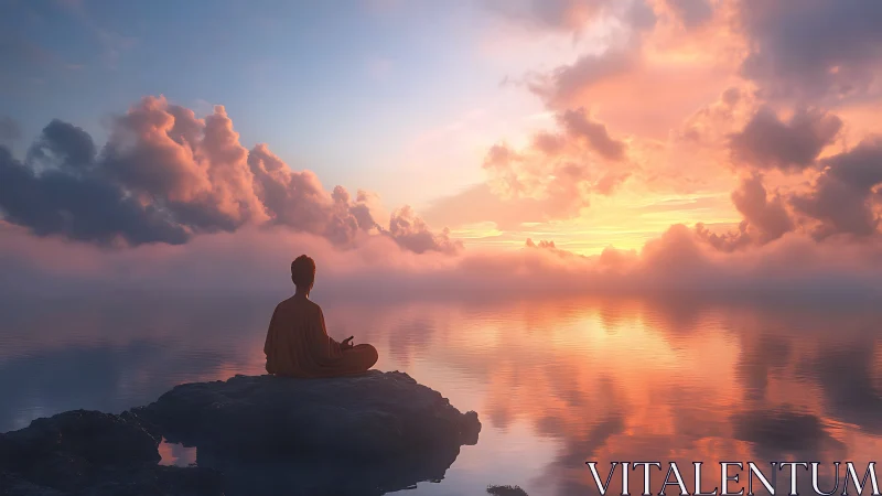 Solitary seated figure observes clouded sunrise over water