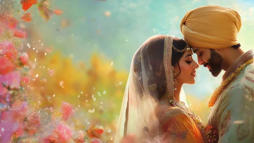 Romantic Indian wedding couple in vibrant floral embrace.