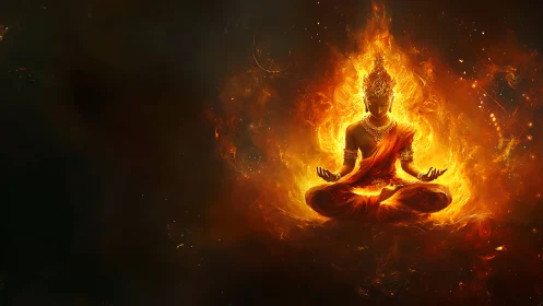 Seated Buddhist Figure Radiating Intense Volumetric Fire Effects