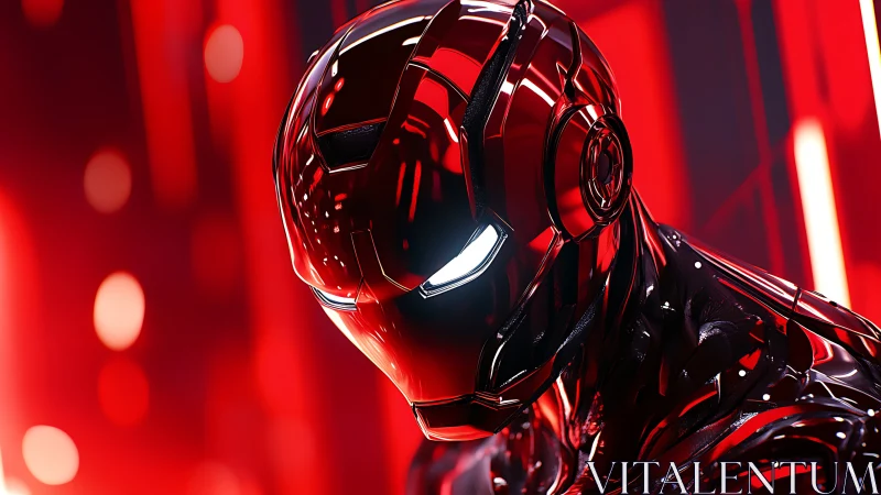 Red chrome armored robot head with glowing white eyes.