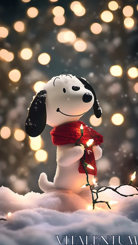 Snowy pup statue smiles beneath dreamy holiday bokeh lights