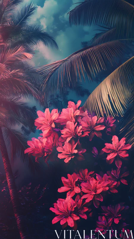 Tropical Pink Blooms Against Palm Fronds Under Turquoise Sky.