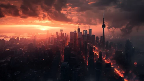 Burning futuristic skyline glows beneath an apocalyptic sunset