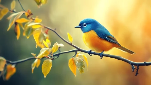 Vibrant Blue and Yellow Songbird on Autumn Branch, Soft Focus Style.