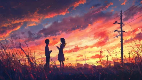 Silhouetted couple converse beneath a saturated twilight sky