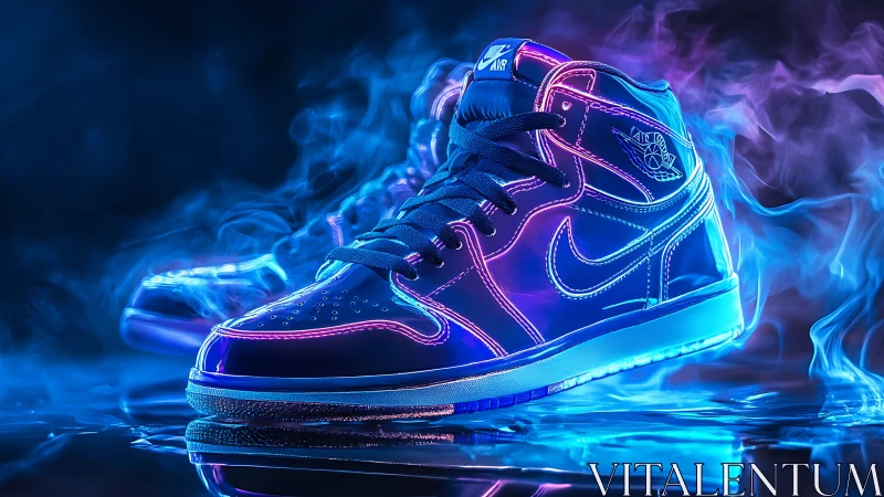 High-top sneaker under neon rim lighting with reflective wet floor