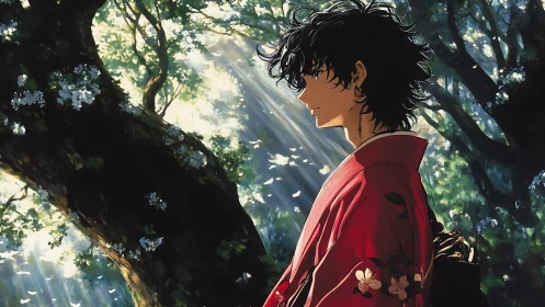 Backlit kimono figure amid high-contrast volumetric forest light.