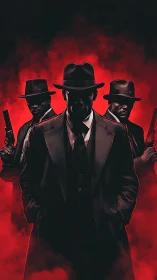 Trio of noir gunmen in red smoke, cinematic digital artwork