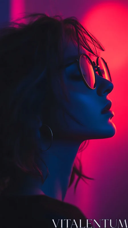 Side profile in neon pink and blue cinematic lighting.