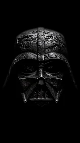 Worn black sci fi helmet frontal view on dark background.