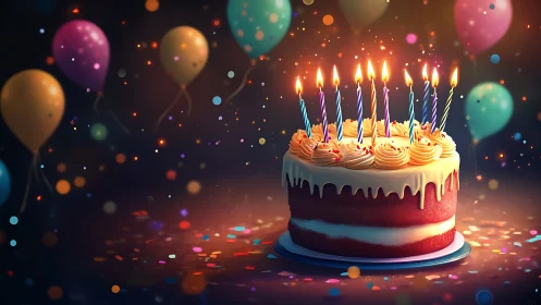Layered Birthday Cake with Lit Candles Surrounded by Balloons