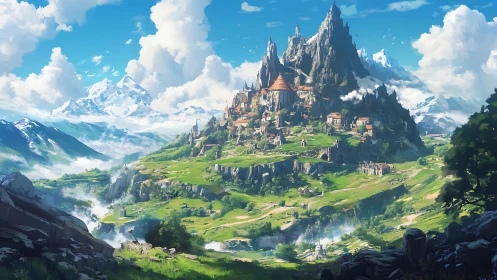 Expansive alpine fantasy citadel on terraced green mountainscape