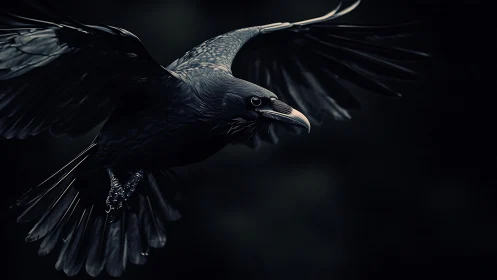 Midnight raven slices through shadow with silver-edged wings