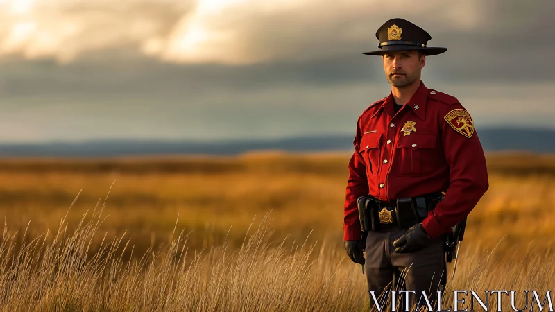 State trooper standing in golden prairie at sunset light.