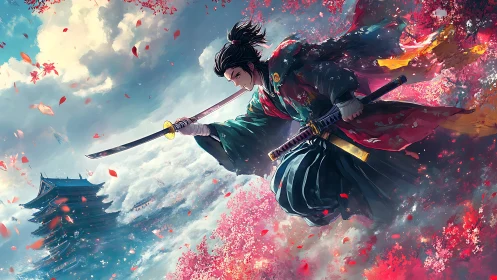 Skyborne samurai cleaves through a storm of cherry dreams.