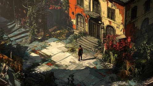 Lone wanderer studies sunlit ruins of overgrown villa.