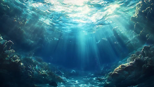 Sunlit underwater seascape with coral formations and fish.