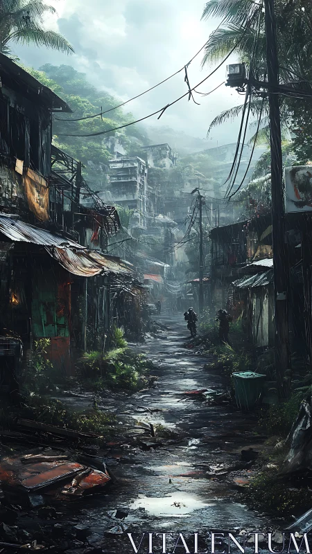 Post-apocalyptic tropical slum alley with armed patrol units