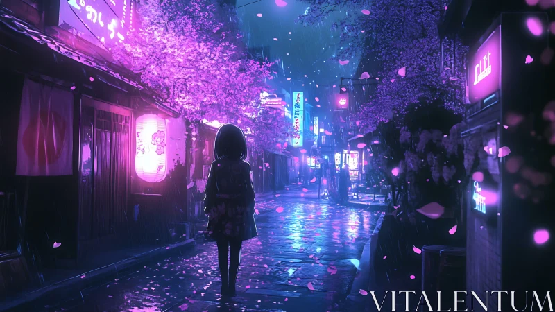 Lonely girl walks through neon cherry blossom alley at night