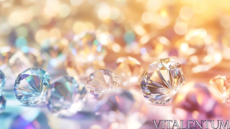 Multiple faceted gemstones are rendered with soft bokeh light