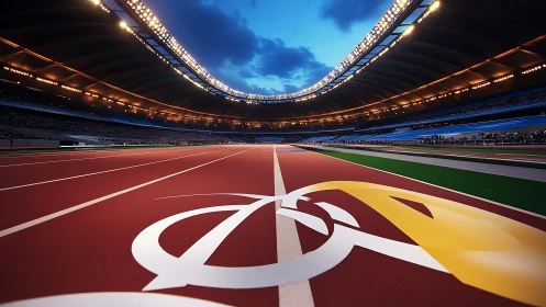Floodlit Olympic track stadium interior at twilight glow.