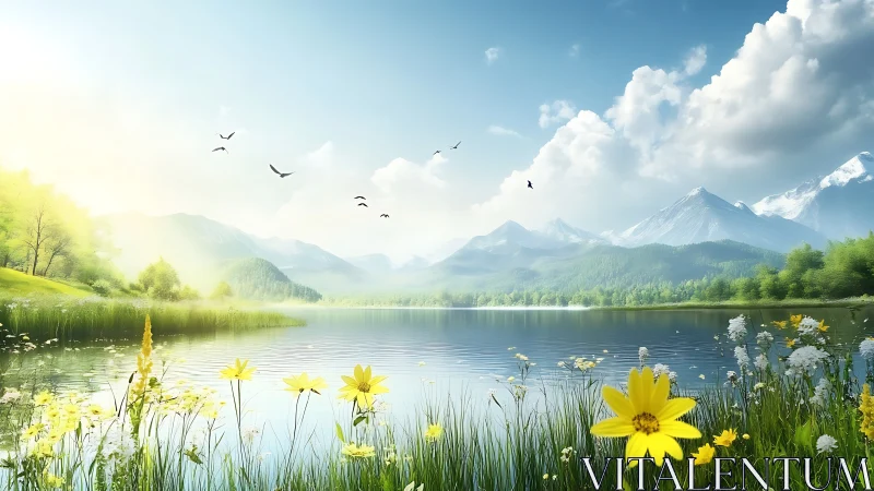 High dynamic range alpine lake landscape with wildflower foreground