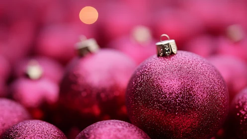 Shimmering pink ornaments gathered for cozy holiday magic.