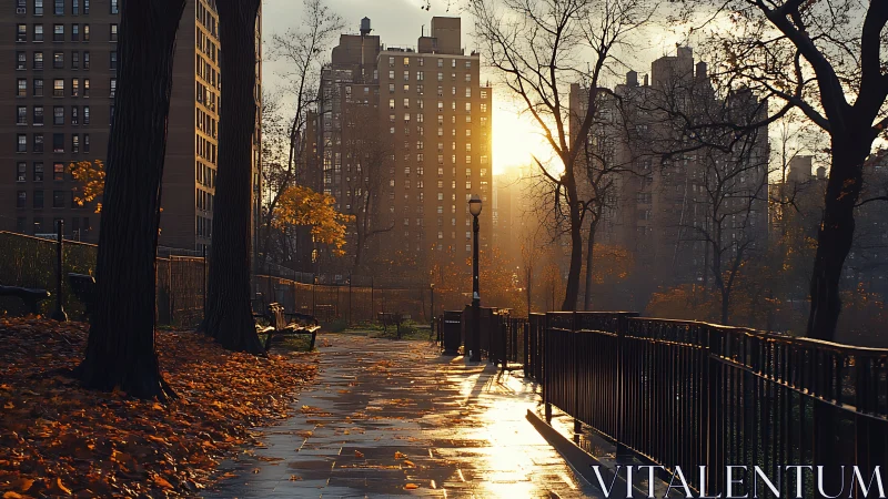 Sunlit city park path glows through late autumn trees at dusk.