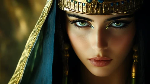 Mystical desert queen with emerald eyes and golden crown.