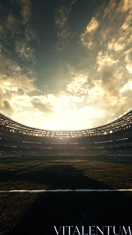 Sunlit football stadium awaits kickoff beneath glowing sky.