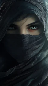 Digital painting portrait of veiled gaze in close-up study.