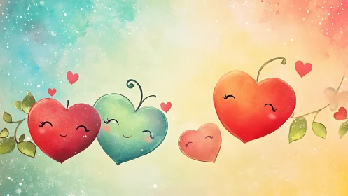 Anthropomorphic Hearts in Bloom: Watercolor Romance Composition.