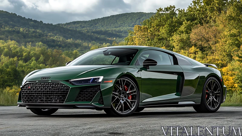 Green Audi R8 sports car parked before forested hills.