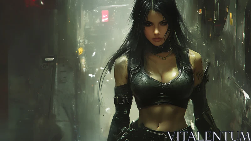 Cyberpunk alley vigilante in tactical armor under neon rain