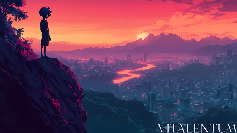 Silhouetted figure surveys dense cityscape at sunset