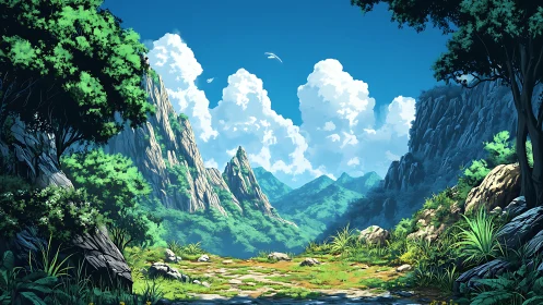 Mountain valley landscape shows layered peaks and dense foliage