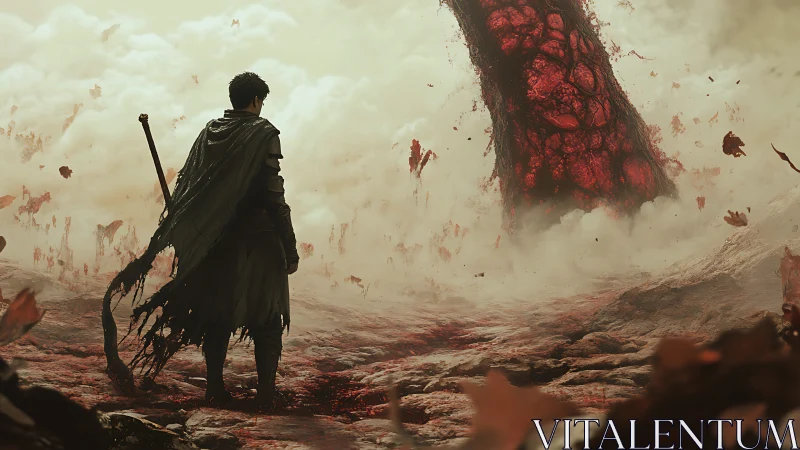 Figure observes vertical organic structure in desolate terrain