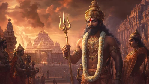 Sunlit trident bearer commands a myth-soaked temple procession