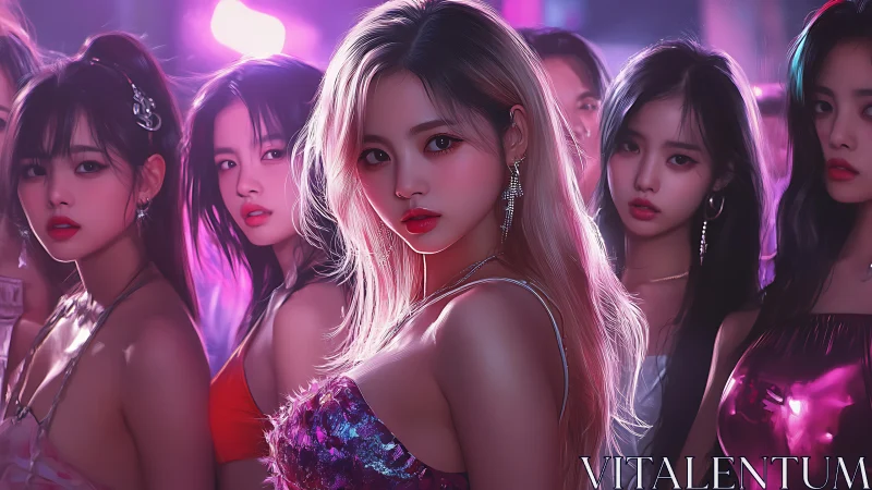 Neon-lit girl group portrait in glossy club ambience.