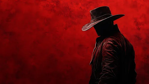 Silhouetted cowboy stands against deep textured red backdrop