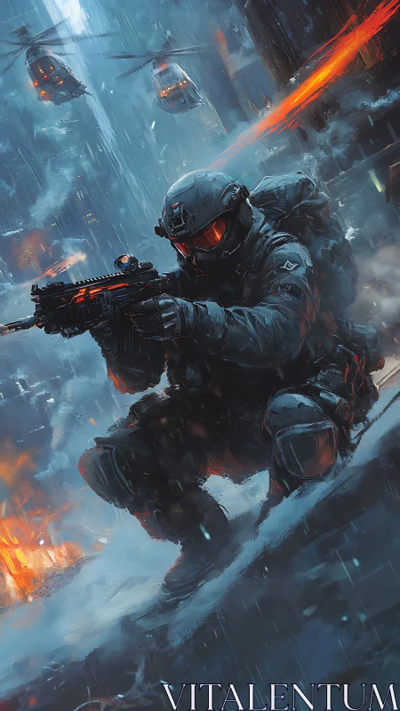 Armored soldier in futuristic city firefight at night