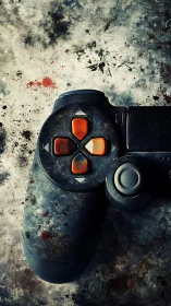 Battleworn gamepad dreaming in rusted concrete storms.