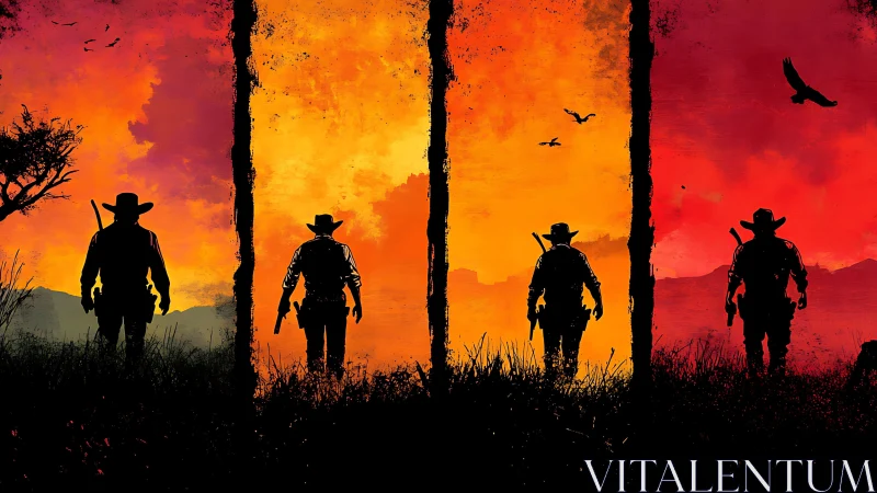 Cowboy silhouettes stride across blazing sunset triptych.