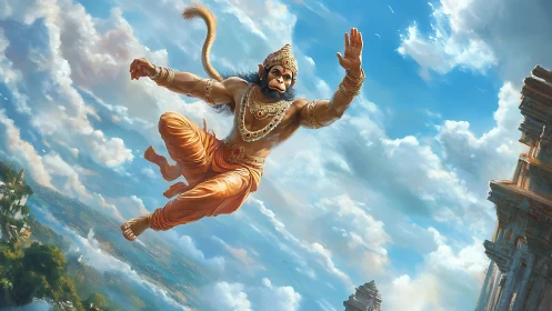 Hanuman skyward leap over temples in vivid divine light.