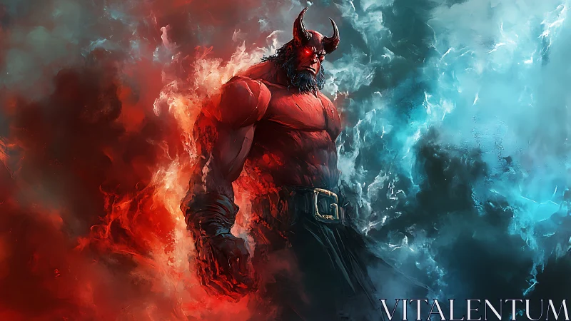 Infernal horned demon in red blue elemental energy vortex