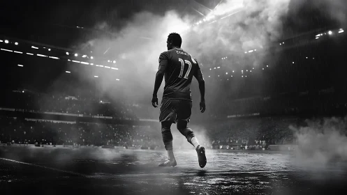 Backlit soccer player strides through rain-soaked stadium haze